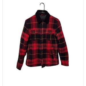 Y2K American Eagle Jacket S Plaid Flannel Red Chore Barn Coat Corduroy Collar
